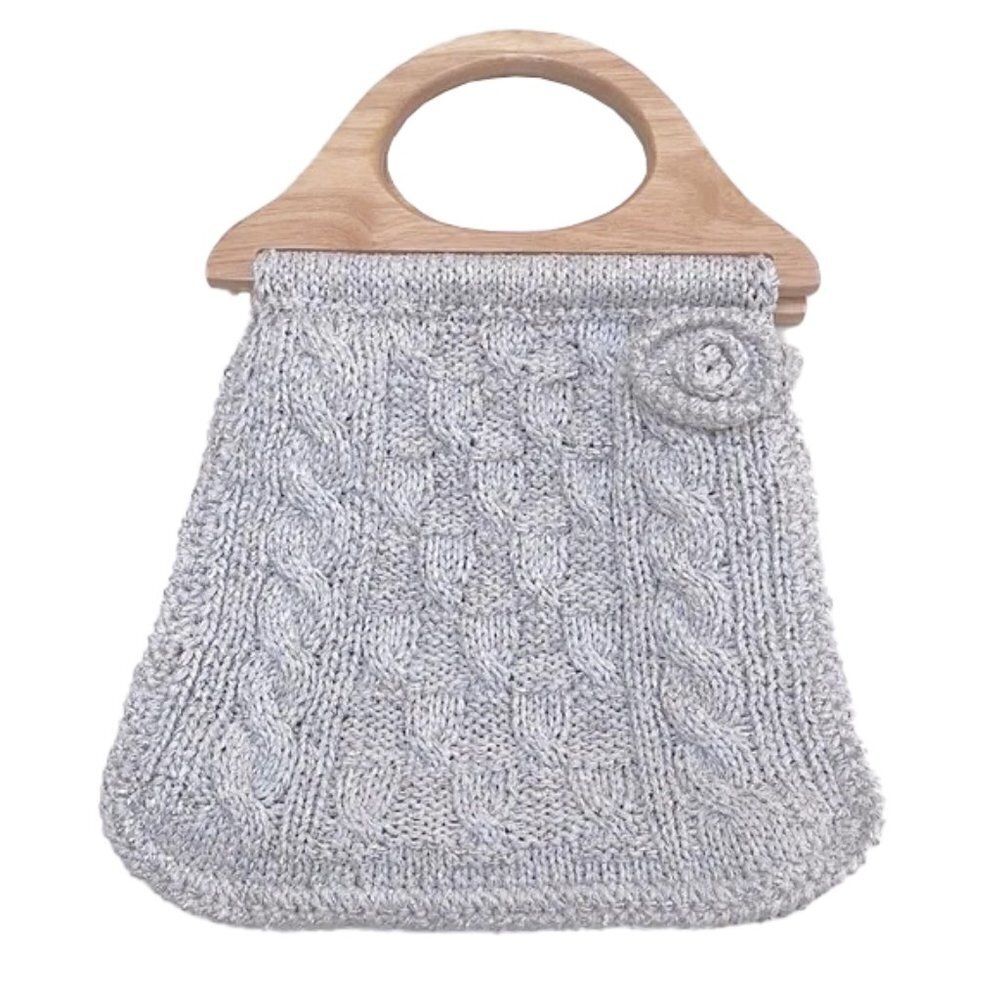 🆕 VINTAGE Wooden Hinged Handle White Stitched Purse